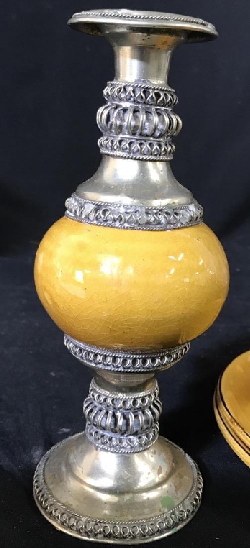 Terre Provence Ceramic Lunch Plates & Candlestick: Handcrafted Pottery from Provence, France. Underside of plates marked Terre Provence made in France, candlestick not marked. Candlestick, mixed metal and ceramic. Plates, 8 in. diameter, Candlestick, 