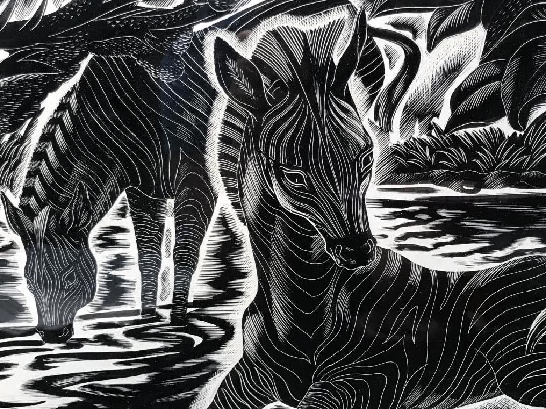 Signed Scratchboard Art, Zebras: Signed scratchboard art depicting zebras. Signed Will Kron in lower left corner. Scratchboard is matted and set behind glass in wood frame. Measures approx 16.2 inches in height by 19.25 inches in wid