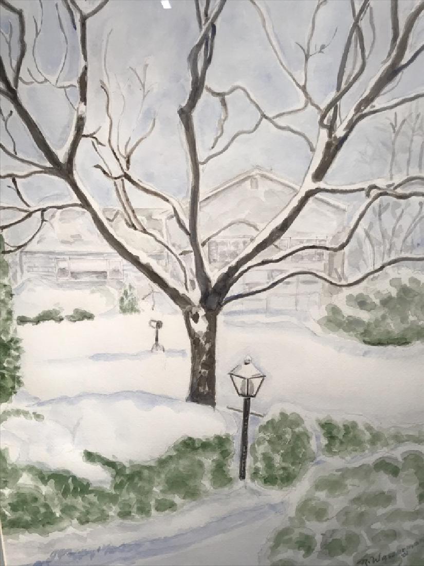 Signed Watercolor, After The Snow: Signed watercolor painting depicting snowy yard. Signed N. Wasserman in lower right corner, dated 2001. Artwork is double matted and set behind glass in wood frame. Measures approx 31.5 inches in heig