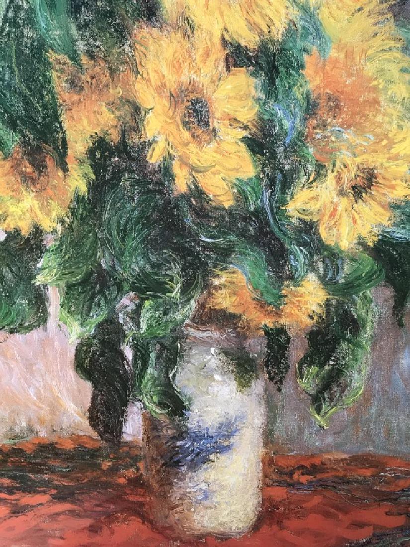 Framed Metropolitan Museum of Art Poster: Poster is for the Met’s Nineteenth-Century European Paintings & Sculpture and depicts Monet’s Bouquet Of Sunflowers. Poster is set behind plexiglass in gold tone metal frame. Measures approx 34.25