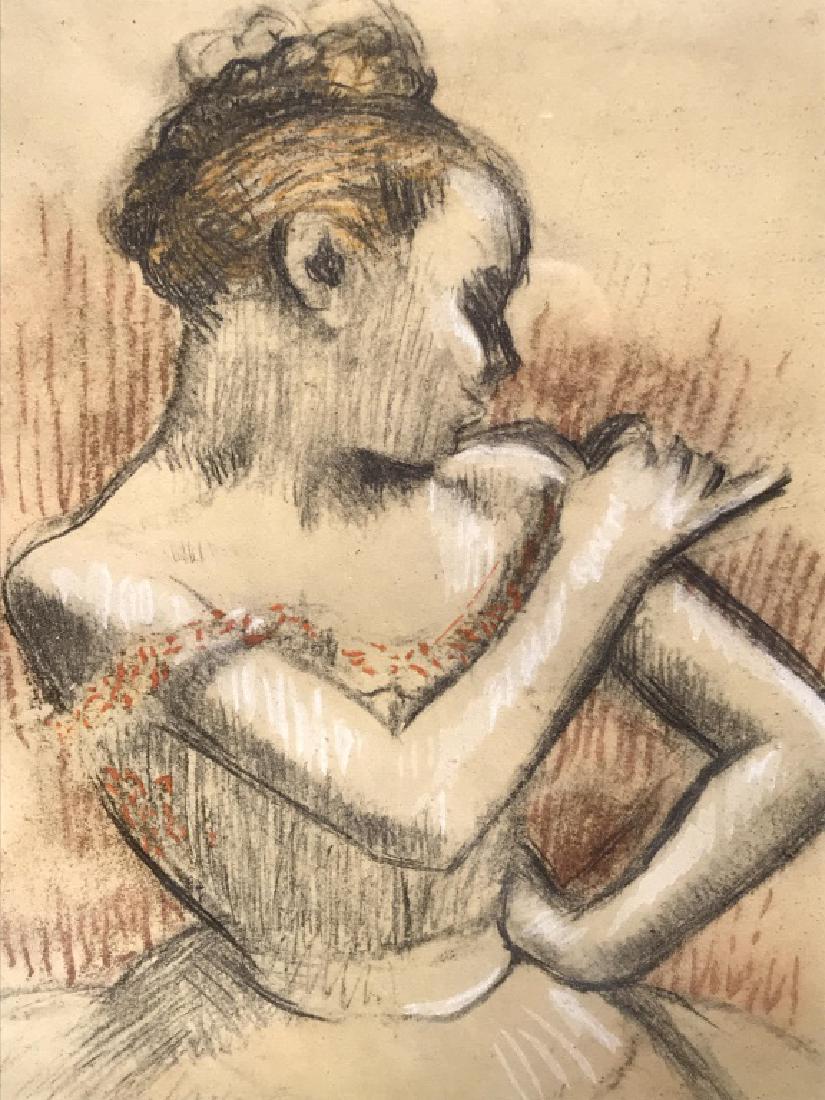 Edgar Degas Pochoir Silkscreen Print, The Dancer: Possibly a facsimile print. Signature in print. Verso of frame has label, reads ‘Degas, ‘Dancer’ Ltd. Edition Pochoir (Watercolor-Silkscreen).’ Print is mounted, matted, and set behind glass i