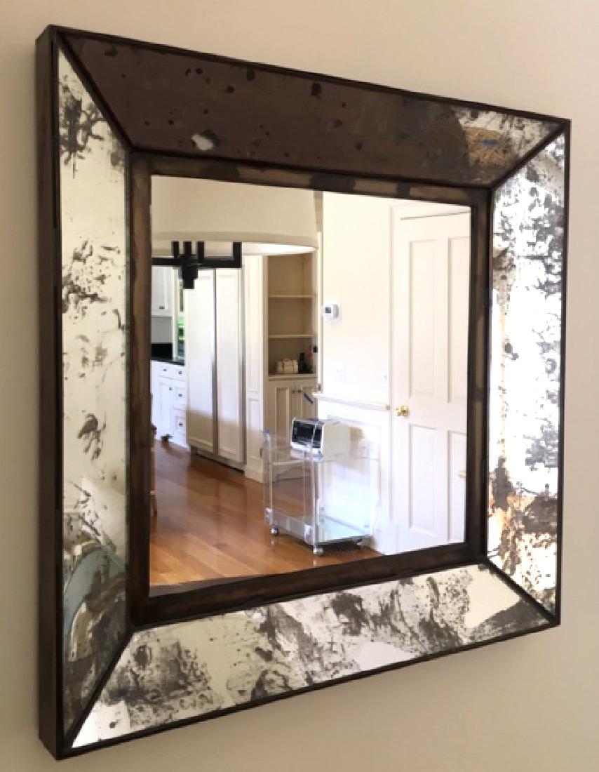 Lot 4 Mirrors in Distressed Mirror Frames: Lot 4 mirrors with distressed mirrored frames. Each measures approx 19.5 inches in height and width, 1.5 inches in depth. Mirrors have minor surface wear, including light crack in one mirror. Interior