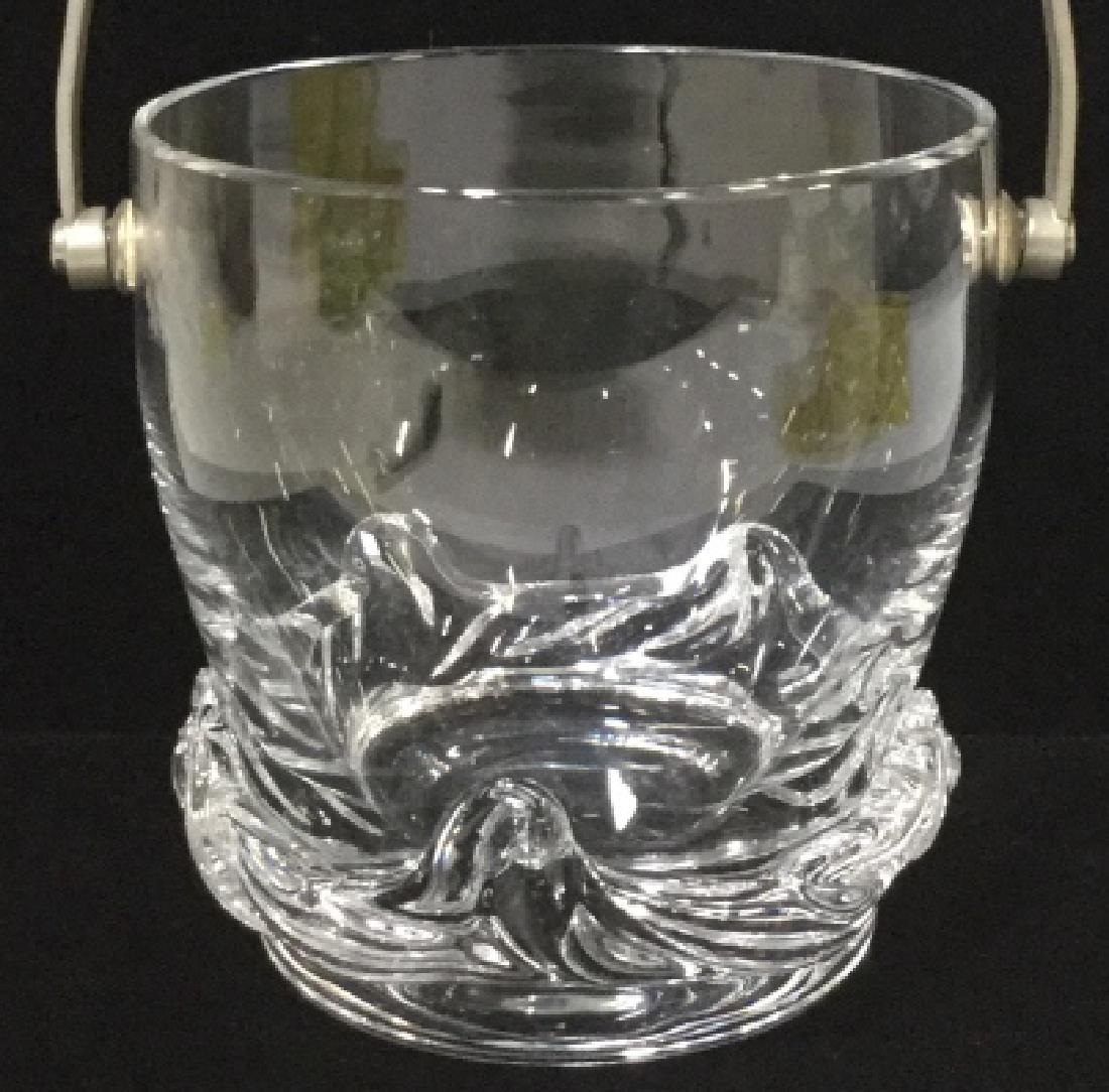 Mini Glass Vintage Ice Bucket: Metal Handle. Flowing shape at bottom. Small enough to carry farther away. No chips or scratches. Very nice. Measures, 4 in. diameter. 4 1/4 in. H. Barware, After Drinks, Glass Beverage Service, Glass