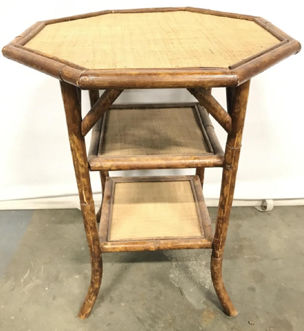 Vintage Bamboo Style Octagonal Side Table: Top of Side Table has Octagonal shape. Table also contains 2 square shaped levels. Measures approx 26 inches tall 20 inches wide. Contains scratches & wear. home furnishings, home accent and accessori