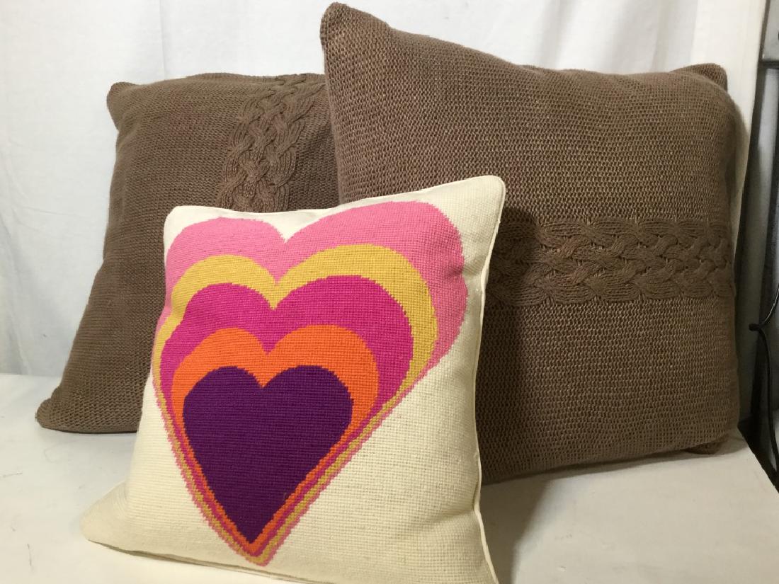 Lot 3 DESIGNER Throw Pillows: Pair Brown Cable Knit RESTORATION HARDWARE, 20% cotton, 80% poly. Zipper closing on seam. Pulls off to wash. A Few small pulls between the two pillows. 23 in. Sq. Zipper opening, 17 in. Need launderin