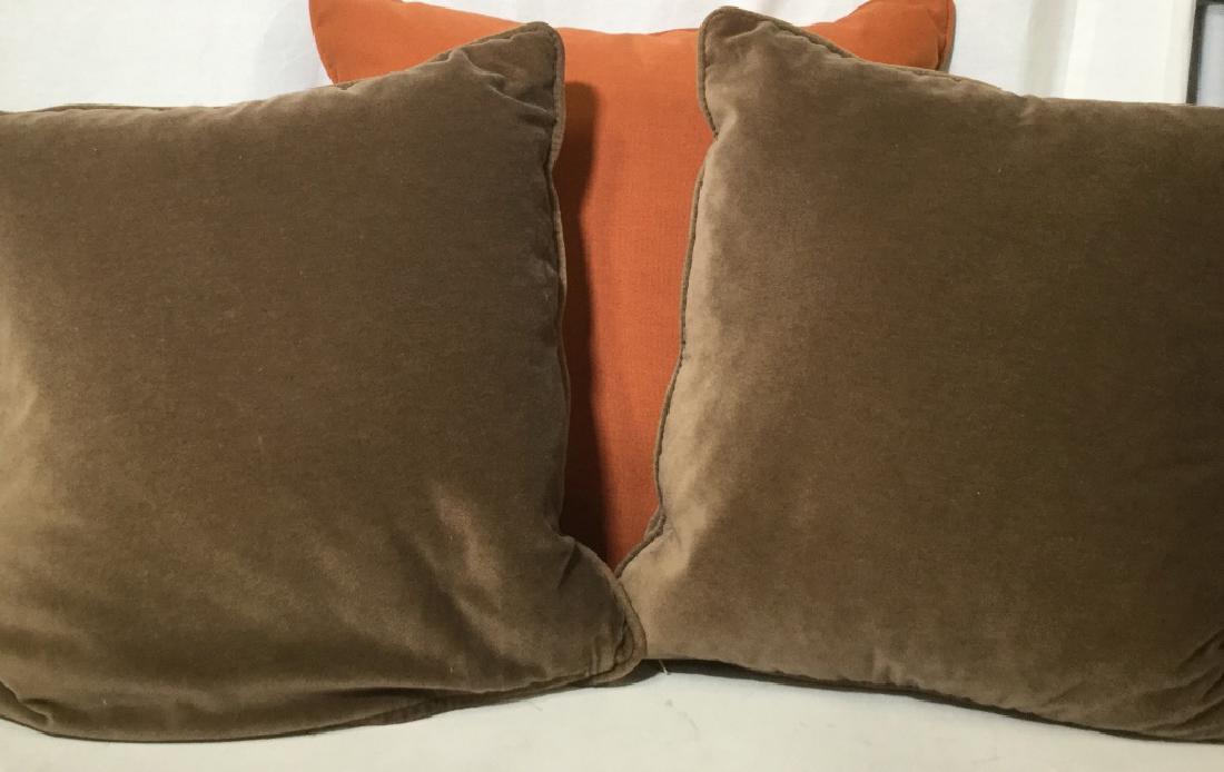 Pair GOOSE DOWN Pillows: Pair Brown Velvet Zippered Throw Pillows. 18 x 18. Zipper on seem. Piping. Custom made. Must be laundered. Pillows are goose down. Feathers all over interior cover. Goose Down Throw Pillows, Brown Vel
