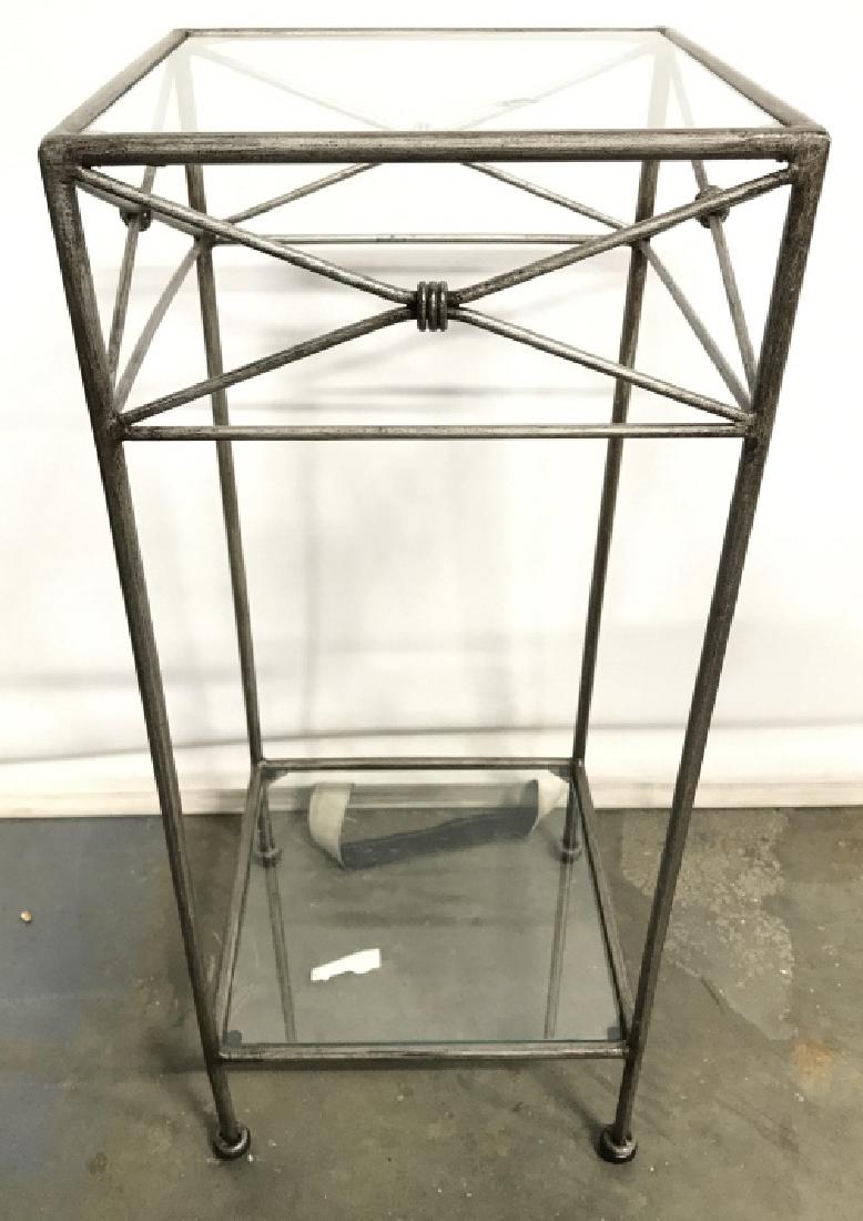 Metal Side Table W Glass Top: Side Table is metal with a glass top and lower glass shelf. Contains 4 legs& feet. Measures approx 28 inches tall 12 inches square. glass top table, plant stand, home accent, home furnishings, end tab