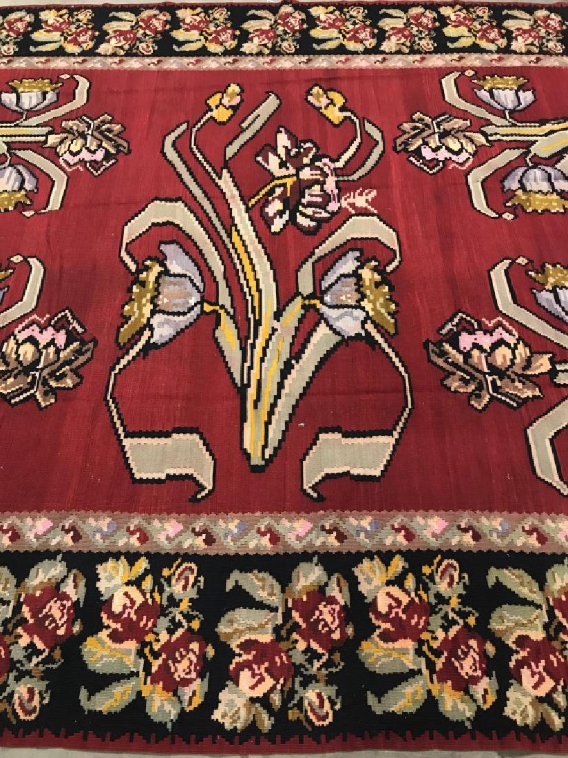 Handmade Floral Detailed Needlepoint Rug: Piece contains multi toned floral and leaf detail with tones of Green, beige, yellow, red, black. Handmade rug, Needlepoint Rug, floral rug. area rug, carpet, home decor, home accent, interior design 
