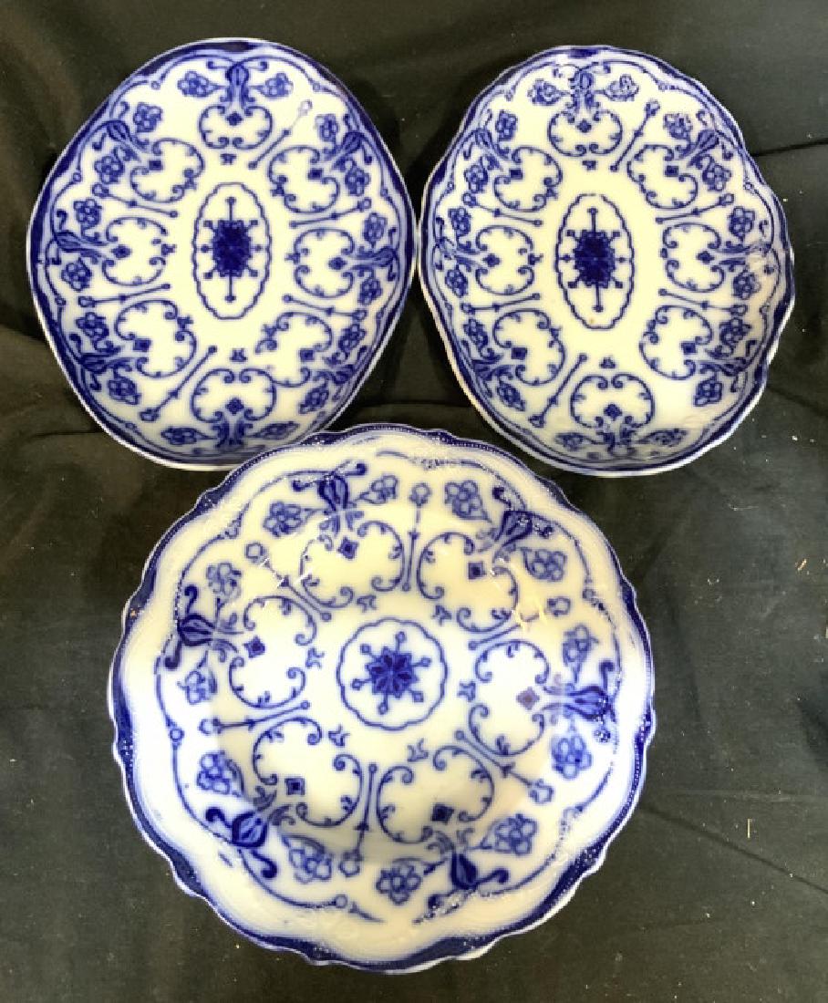 3 Pcs Flow Blue Pottery Conway Eng: Conway England, new wharf pottery, semi porcelain, flow blue ceramics, flow blue porcelain, collectible blue, two oval platters each measures app length 11 inches, one round bowl platter diameter app