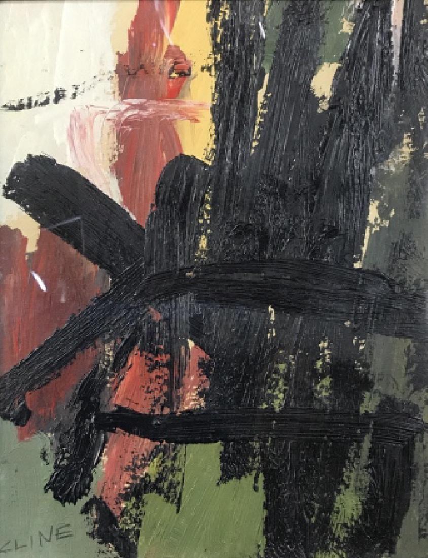 FRANZ KLINE Signed Abstract Oil Gouache On Paper: FRANZ KLINE Signed Abstract Oil And Gouache On Paper in Black, green, white, red and yellow brush strokes, Signed in lower left corner by artists hand, framed in a silver toned frame, not examined out