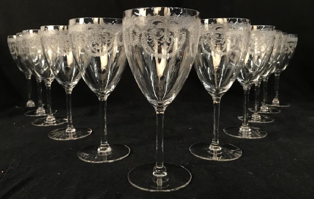 Set 11 Vintage Etched Crystal Wine Glasses: Set 11 Vintage Etched Crystal Wine Glasses, Measures approx 7 inches tall x 3 inches in diameter, no condition issues noted. Vintage Bar Ware, Etched Crystal Wine Glasses, Tiffin Style Crystal Glasses