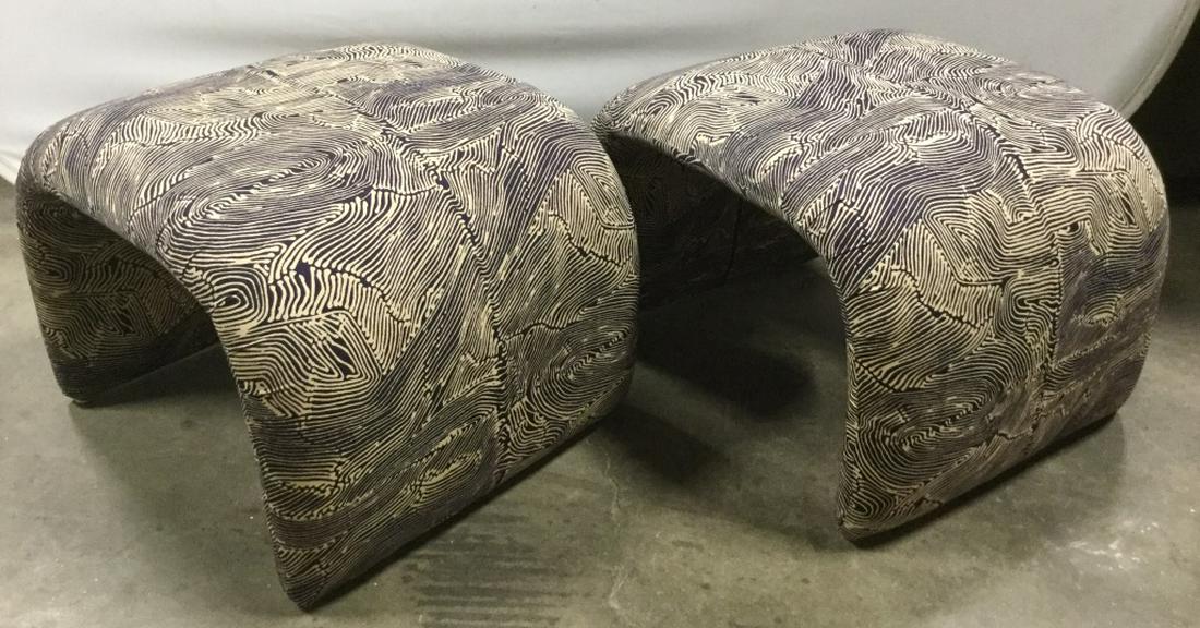 Pair Milo Baughman Style MCM Waterfall Ottomans: Pair of MCM Waterfall Ottomans in style of Milo Baugman. Ottomans have c-curve shape with statement contour line patterned fabric upholstery. Upholstery appears eggplant purple and beige in tone. Each