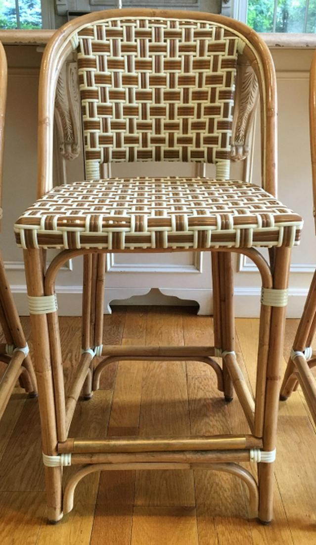 Set 3 Poitoux Glac Seat Rattan Bistro Stools: Set 3 Poitoux Glac Seat Rattan Bistro Stools in brown and cream toned nylon, This GLAC collection is a rattan and nylon line to be used indoor or outdoor. Rattan has proven over the years to be a very