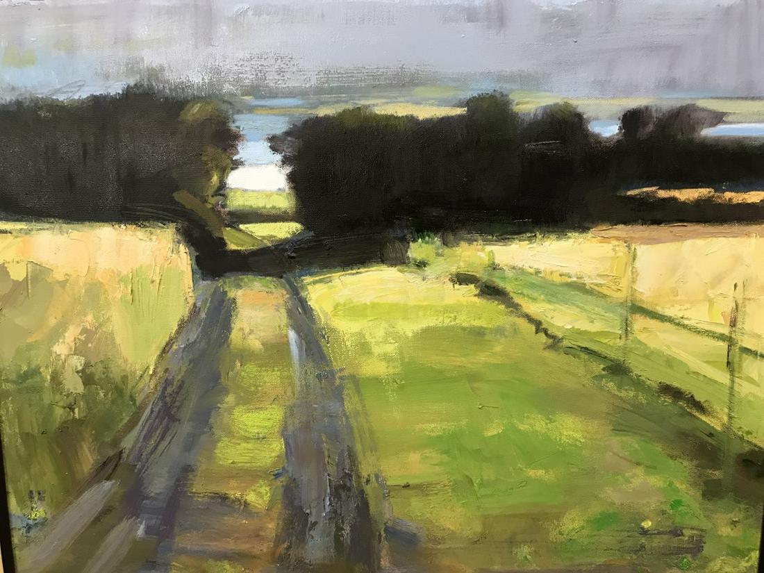Framed Kathleen ROBBINS Oil on Canvas, River Path: Oil painting on canvas depicting yellow green farmland landscape with river path. Canvas is set in coated wood frame. Verso has label for artist, title, and price of painting. Label reads ‘Kathleen 