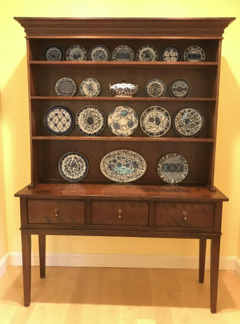 Rustic Crate & Barrel Wooden Hutch Buffet: Rustic Crate & Barrel Wooden Hutch Buffet In Dark toned wood, top portion has three shelves, lower base has three drawers with brass toned metal tear drop pulls, measures approx 62 inches wide x 86.5 