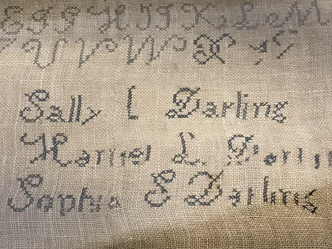 Signed Antique Alphabet Sampler, c. Early 1800s: Signed Antique alphabet sampler. Signed Sally L. Darling, born 1818, Harriet I. Darling, born 1821, and Sophia S. Darling, born 1826. From Norwell, Massachusetts. Sampler features the alphabet and num