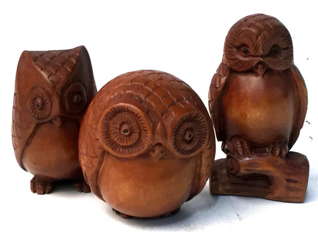 Owl Wood NETSUKE - Lot of 3: Handmade carved Boxwood. Netsuke traditionally were a part of Japanese culture, men’s clothing ensemble, tied to sash of kimono. They are carved figurines made of bone or wood. set of 3 owls. Two ha