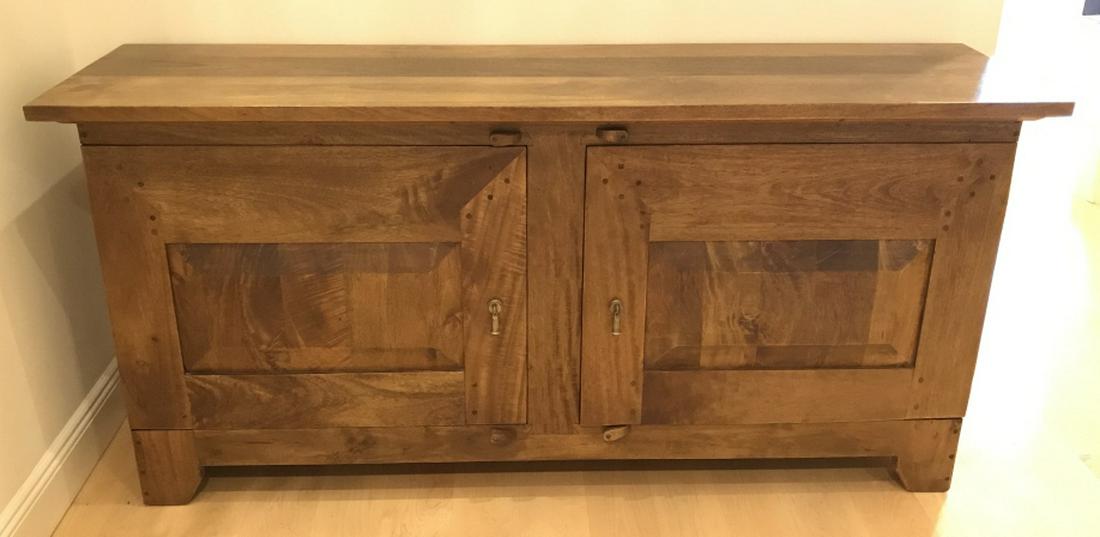 Crate & Barrel Wooden Sideboard Cabinet: Crate & Barrel Wooden Sideboard Cabinet, Oak Toned With Brass toned metal tear drop pulls, measures approx 68 inches long x 18 inches deep x 33 inches tall, marked on reverse Made In India, excellent 