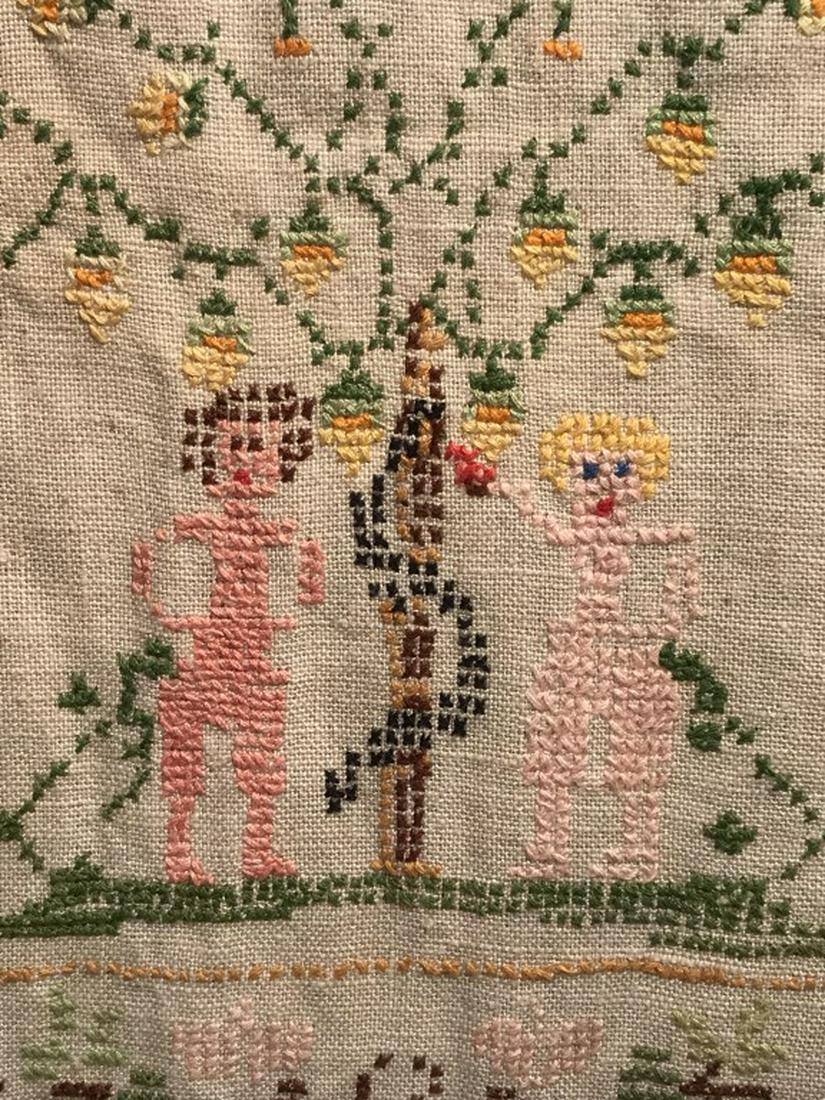 Vintage Signed Sampler W Adam & Eve Motif: Sampler features text ‘have not Eve and Adam taught us/ their sad profit to compute/ to what dismal state they/ brought us/ when they ate forbidden fruit.’ Signed along bottom, reads ‘worked by