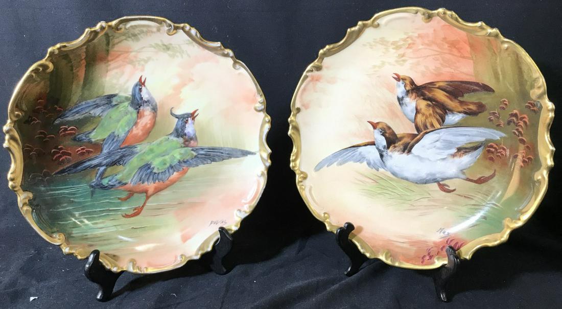 LIMOGES CORONET Decorative Porcelain Plates: Lot includes 2 plates marked LIMOGES CORONET FRANCE On underside. Each have unique depictions of birds flying. Rims of each plate are gold toned. Measures approx 11.5 inches wide. tableware, shelf pie