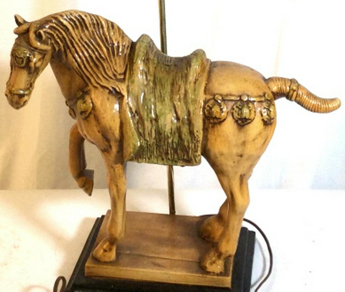 Vintage Carved Wood Tang Style Horse Table Lamp: Comes with finial, lamp harp. Twist on/ switch. No shade. Not tested. Measures 17.5 in. from head to tail. 31 in. H. No cracks or chips. Fairly heavy. Possibly Handmade. Asian style, Tang style, Table