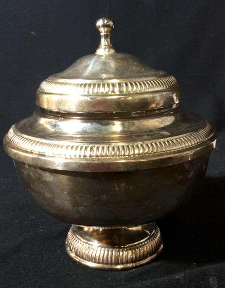 Silver toned Metal Pedestal Bowl with Lid: Lovely possibly silver plated vintage challis with removable clear bowl. Measures at 7 inches tall, and approximately 6 inches wide. Silver toned Kitchenware, silverware, silver toed hardware, silver 