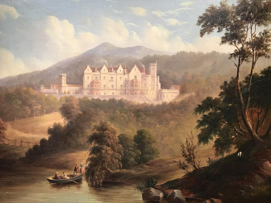 Framed Oil on Canvas, Lakeside Castle: Framed oil painting on canvas depicting travelers boarding a boat with a white castle in the distant landscape. Canvas is set gold toned wood frame. Measures approx 27.5 inches in height by 35.5 inche