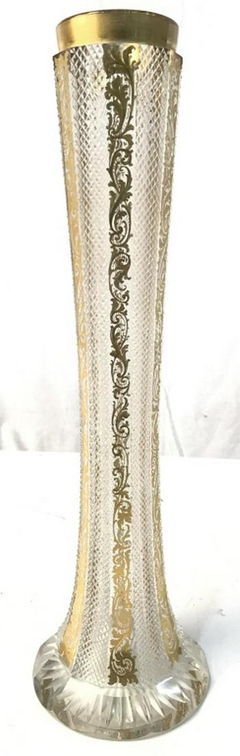 Ornately Detailed Cut Crystal Vase: Piece appears to be cut Crystal. Contains gold toned ornate detail. decorative arts and accessories, tableware, tabletop decor Art Glass Vase, Bohemian Glass Vase, narrow vase. Measures approx 16 inch