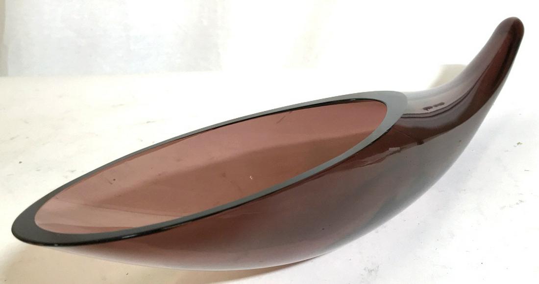 MCM HANDMADE ART GLASS Cornucopia Vessel: Smoky Purple Quartz Toned Vessel, vase, bowl, platter, Tableware, Art, Sculpture, Mid Century Modern Art Glass, Handmade Glass. Measures 2 3/4 in height, length approx 18 1/4 inches, width approx 3 3/