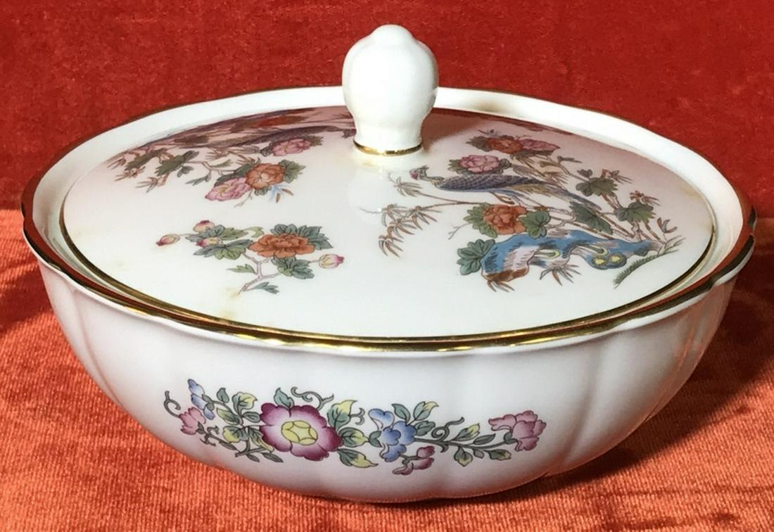 Lot 3 Vintage WEDGWOOD Bone China Tableware: In ORGINAL BOXES. Pattern Kutani Crane. Salt & Pepper shaker & Murray Bowl With Lid, approx 5 3/4 in diameter, 2 in height. No discoloration, chips or cracks on bowl. One sm surface fracture on a shak
