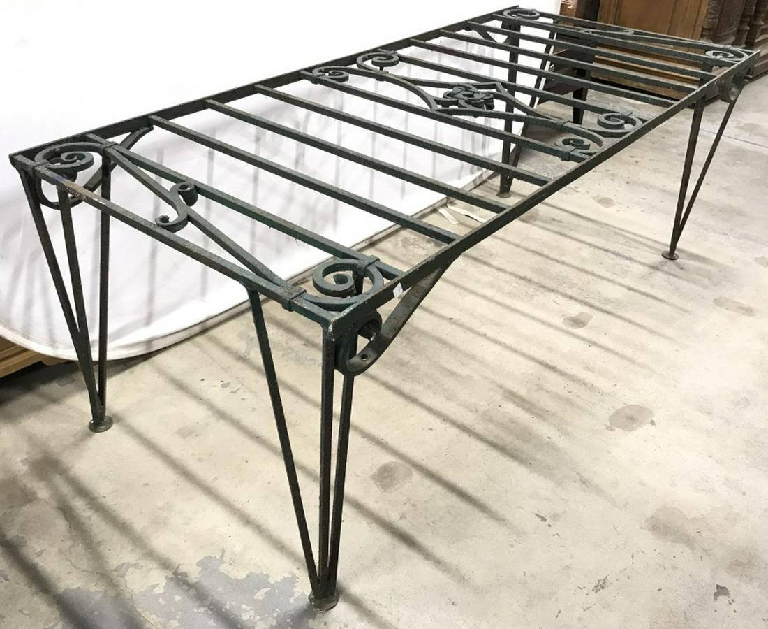 Pos Antique Forged Iron Outdoor Dining Table: Pos Antique Forged Iron Outdoor Dining Table, needs glass top, measures approx 68 inches long x 30 inches wide x 25.5 inches tall. Wear to green toned painted finish and areas of rust. Vintage Garden