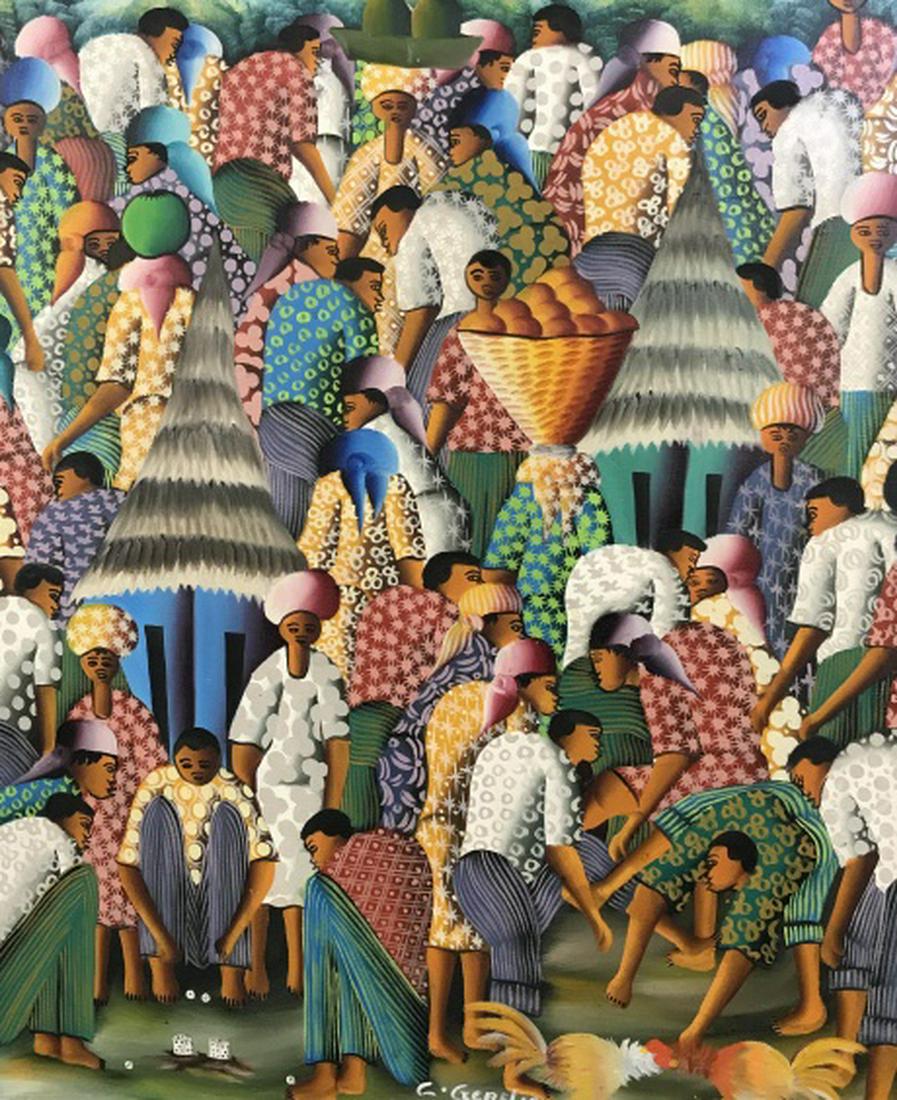 C GERELIS Haitian Oil Painting On Canvas: C GERELIS Haitian Oil Painting On Canvas, Signed in lowers middle of Canvas, measures approx 24 inches tall x 20 inches wide, slight wear to edges of canvas. Haitian Art, Oil On Canvas, C Gerelis Hait