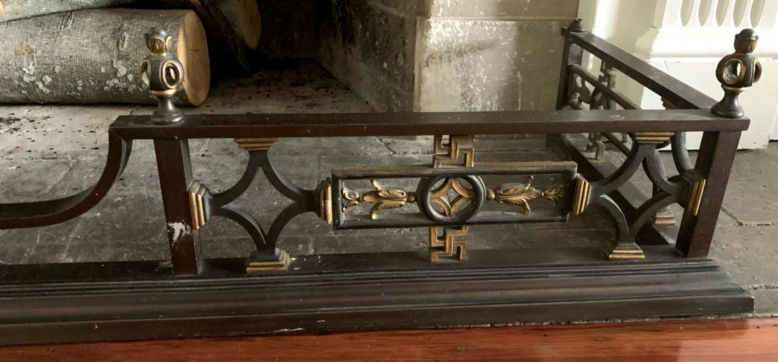 Antique Mixed Metal Fireplace Fender: Antique Fire Place Accessory, fireplace decor, decorative arts, arts and crafts, hand crafted fireplace fender with twist finials, geometric design of iron, with leaf designs bras, gilded metal, iron,