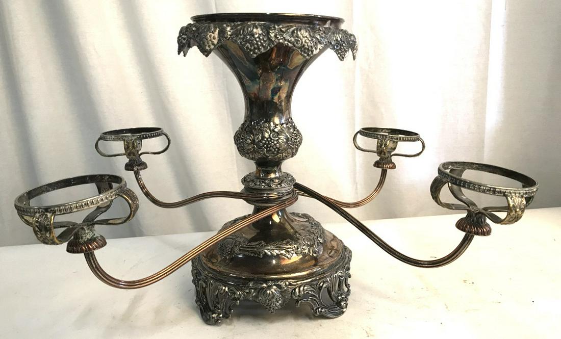 Vintage Art Nouveau Silver Plated Epergne: Vintage silver plated epergne, Centerpiece dish with 4 extending arms. Epergne has floral pattern and swag detailing. Measures approx 12.25 inches in height by 21.5 inches in diameter including arms. 