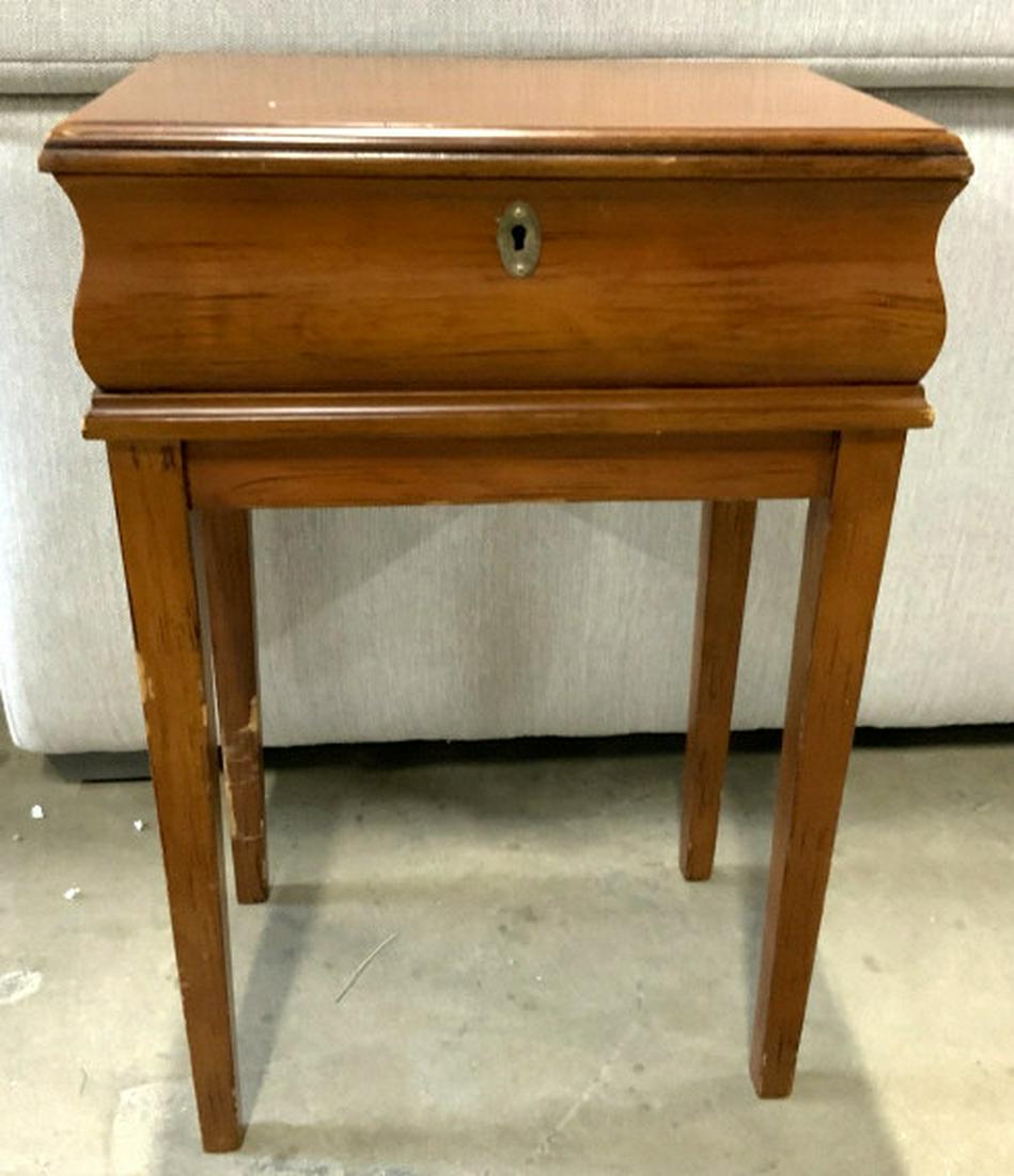 Wood Lock Box on Stand: Pine shaped box, no key on four tapered legs, label made in Mexico, ht app 25 inches top measures 16 by 11 inches, side table, end table, occasional table. Lamp table.