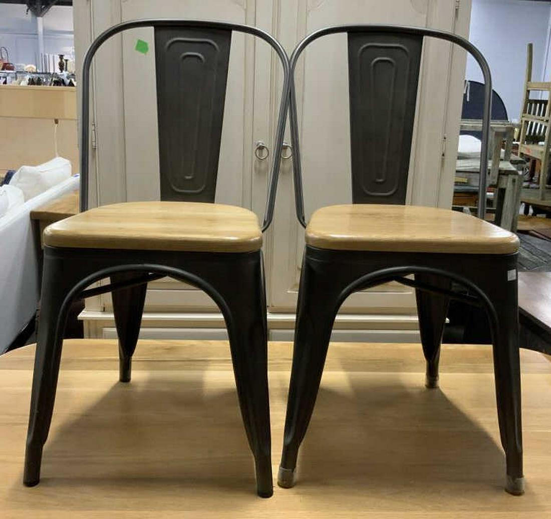 Custom Metal Wood Dining Set Table Chairs: Set includes table with thick wood top splayed metal legs, and four chairs also metal and wood, kitchen table and chairs, dining table and chairs, table measures app ht 30 inches top 58 by 36 inches,