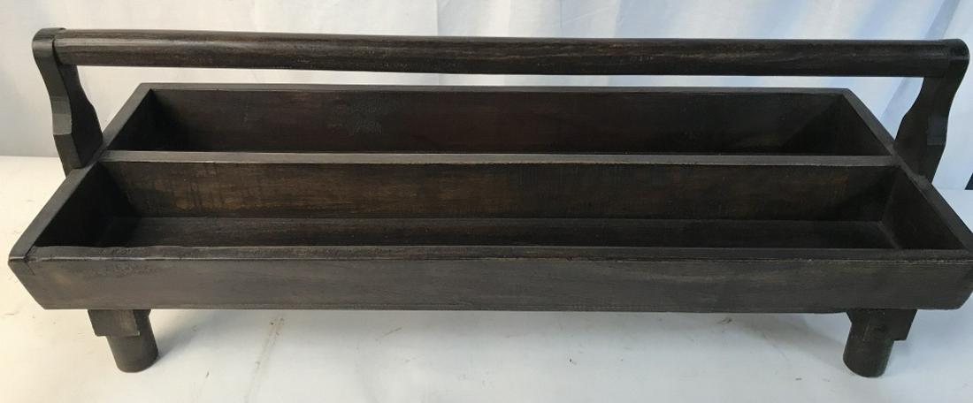 Vintage Footed Wooden Trough Basket With Handle: Dark wood, Dove Tail Joints, Very Sturdy, Solid Wood, No Wobble, Possibly Hand Crafted. 32 in. Long, 11.5 in. Wide. 7.5 in. High- w/o handle. With handle- 12 3/4 in. Height. Troughs are 4.5 in. wide f