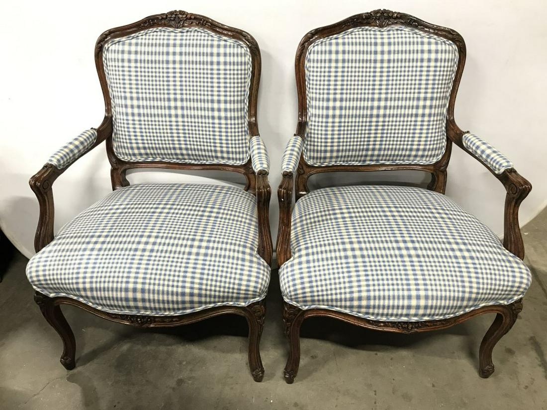Pair Bergeres W Brunschwig & Fils Chairs: Lot includes 2 carved wooden bergeres. Each has BRUNSCHWIG & FILS Fabric For Upholstery. Each measures approx 40 inches tall 26 inches wide, 28 inches deep. Carved Wooden Chairs, Upholstered Chairs. s
