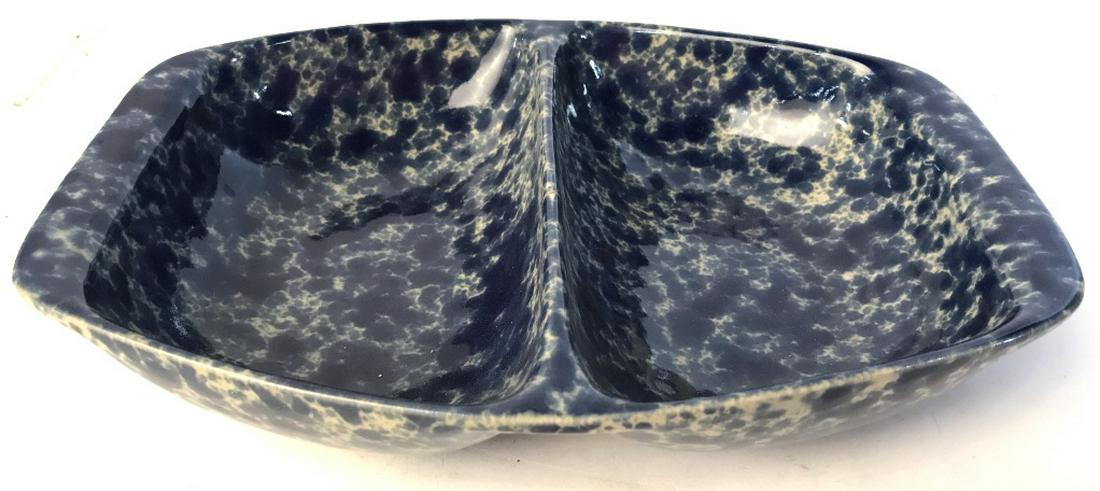 Lot 3 BENNINGTON POTTERS Splatterware: Lot includes 3 piece. 1 Large Tray, 1 small deep tray, & 1 2 section bowl. Underside of pieces read BENNINGTON POTTERS VERMONT. LARGEST piece measures approx 16.5 inches long 10 inches deep. serving d