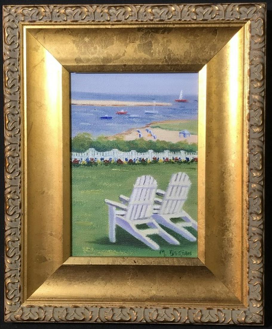 Signed Oil Painting on Canvas, Summer Day: Signed oil painting on canvas depicting lawn chairs in a yard on a summer’s day. Signed M. Burian in lower right corner. Canvas is set in gold toned wood frame. Verso has artist’s label, Martha Bu