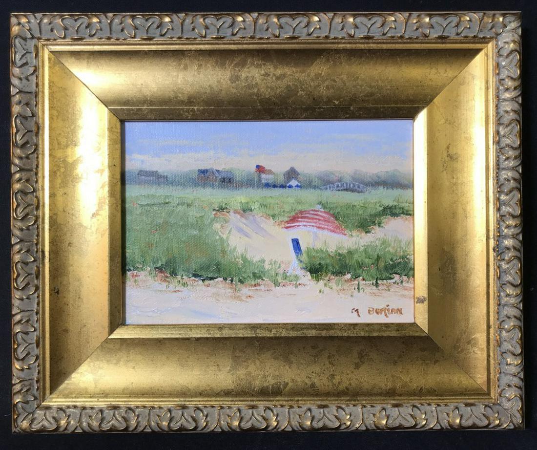 Signed Oil Painting on Canvas, Sand Dune: Signed oil painting on canvas depicting sand dune on a summer’s day. Signed M. Burian in lower right corner. Canvas is set in gold toned wood frame. Verso has artist’s label, Martha Burian’ with