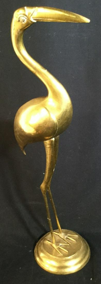 Stork Brass Statue: Marsh Bird, Possibly Stork, Crane, or Egrette, Long Legged Wading Bird. Has base. Measures 26. 5 in height, 7 in wide/ base diameter. Leg needs mending. Brass bird, Tabletop, Home Decor, Brass Sculptu