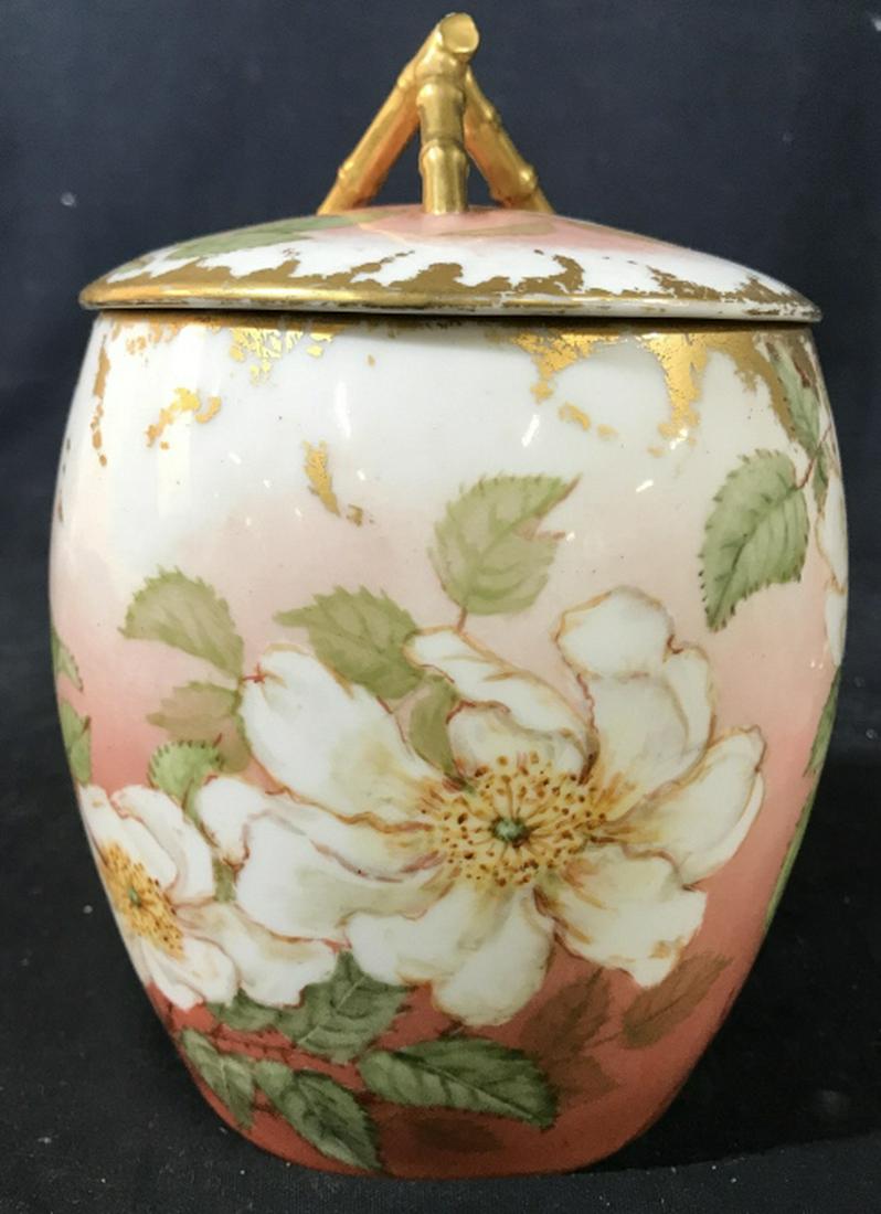 T&V France Porcelain Cookie Jar: Vintage possibly antique marked and trademarked Lidded Vessel, Cookie Jar, Porcelain Tableware, French Decorative Arts, Measures ht 8 inches diameter app 5.5 inches