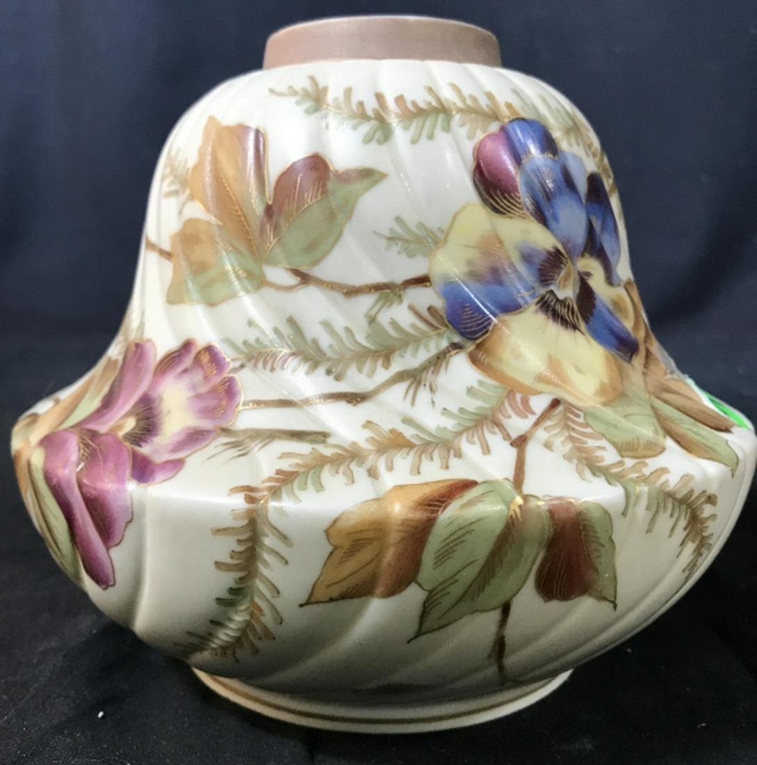 R.W. Painted Porcelain Vase Vessel: Swirl ribbed texture with painted floral design, marked trade marked underside, antique porcelain tableware, measures ht app 6.5 inches diameter app 8 inches