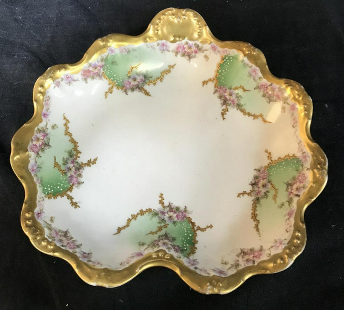 B&H Limoges Painted Porcelain Platter: Tableware, French Porcelain, marked trademarked underside, gold rimmed floral design, gold accents, collectible French porcelain measures app 9.5 inches diameter ht app 2 inches