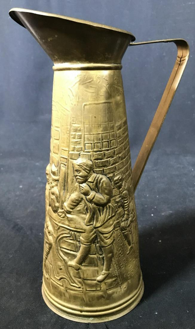 Vintage Repousse Brass Tavern Pitcher, England: Underside reads Elpec Made in England, Possibly trench Art, Jug Pitcher, Vase, Vessel, Collectible Brass Tableware, tavern scene measures ht 10 inches spout to handle app 7 inches