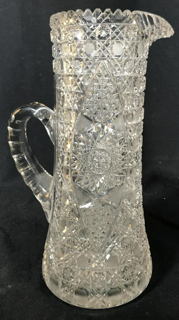 Vintage Brilliant Cut Crystal Pitcher: Multi facet hand cut glass Crystal Pitcher, Jug, Vessel, Vase, Vintage Possibly antique Measures ht app 12.5 inches spout to handle app 9 inches, brilliant cut Crystal Pitcher, tableware, collectible