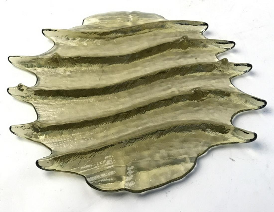 Yellow Ribbed Art Glass Tableware: Possibly Trivet, table top decor, tableware, decorative accessory, serveware, Heavy Cut Glass Yellow Toned Measures ht app 1 inch diameter app 12 inches