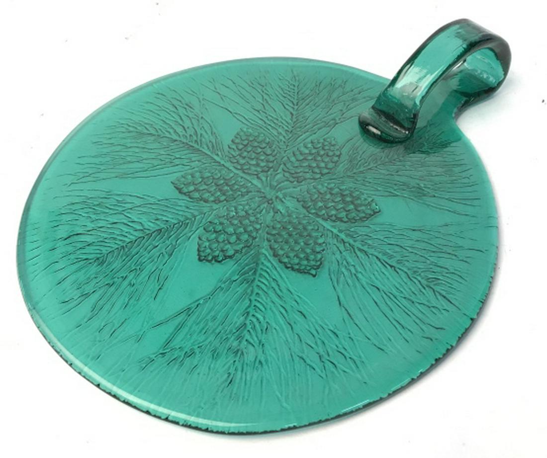 Green Art Glass Handled Tableware: Green Art glass circular Handled decorative accessory, serving platter, serveware display, measures app diameter to handle 14 inches, Trivet, platter, heavy cut acorn design plate