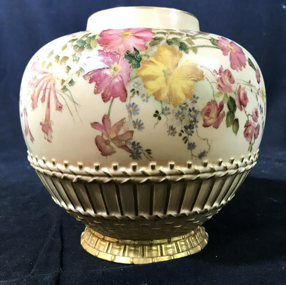 Royal Worcester England Painted Vase: Hand painted porcelain vase, gold accents to floral design, Signed trademarked underside measures ht app 7.5 inches diameter app 7.5 inches, vase, vessel, collectible English Porcelain tableware